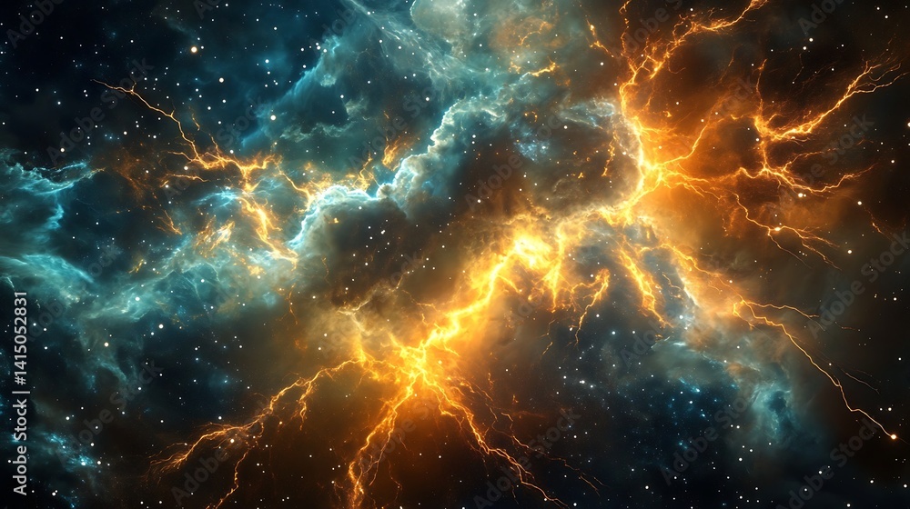 Poster a dynamic image of a cosmic storm in a distant star system, with vibrant energy fields and glowing l