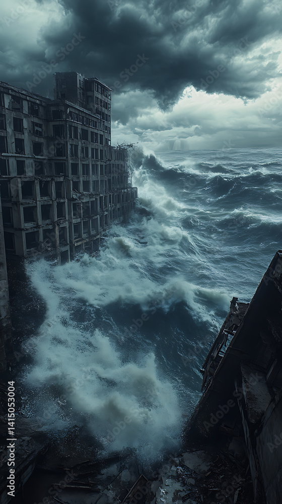 Poster towering waves crashing against ruins of building, creating dramatic scene of nature power and destr