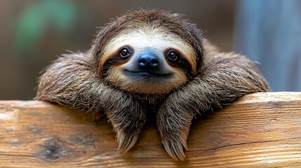 Fototapeta premium Peaceful sloth on a wooden plank