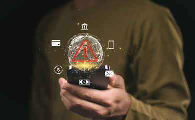 Businessman using smartphone with red triangle caution warning sign for notification error from hacker malware and need maintenance concept.