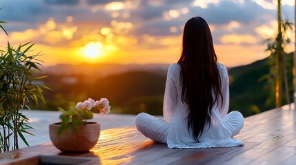 Peaceful sunset meditation by a mountain view