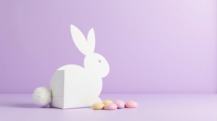 Pastel Easter Bunny Box with Colorful Candies on Lavender Background