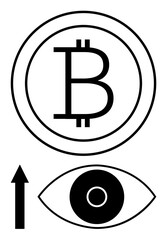 Bitcoin symbol inside circle, upward arrow, eye icon for monitoring progress. Ideal for blockchain, financial innovation, trading, data analytics, investment strategy, digital currency and simple