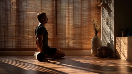 National Foam Rolling Day.  Yoga instructor demonstrating thoracic spine foam rolling technique in peaceful studio, early morning light streaming through bamboo blinds