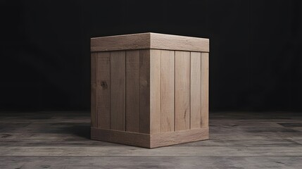 A wooden box stands in a dark studio  long title A simple wooden container sits alone in a dimly