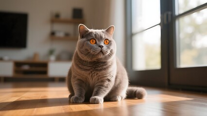 a chubby British Shorthair cat with big, round orange eyes and a surprised expression