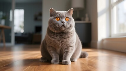 a chubby British Shorthair cat with big, round orange eyes and a surprised expression