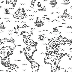 Obraz premium Illustrated world map with playful maritime scenes and fanciful landscapes.
