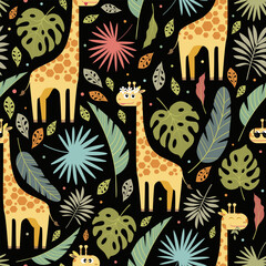 Cheerful giraffes and colorful leaves on dark background. Seamless pattern for kids.