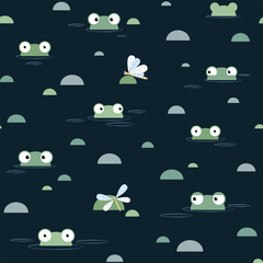 Funny seamless pattern with frogs looking out of the water and hunting dragonflies.