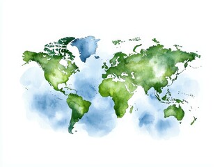 Artistic watercolor map of the world in vibrant greens and soft blues.