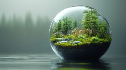 ecosphere in a glass ball, sustainable ecosystem with plants, moss, and water, selfsustaining environment, generative AI, vibrant lighting, ultradetailed render