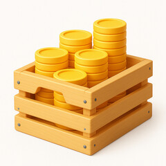 Stacked Coins in Wooden Box on Isolated White Background