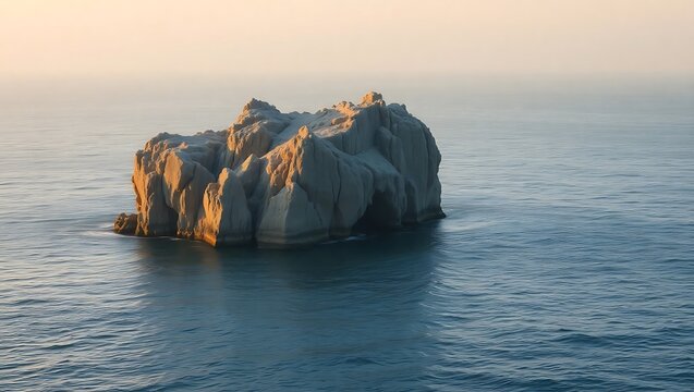 Rock formation in the ocean under a hazy sky.