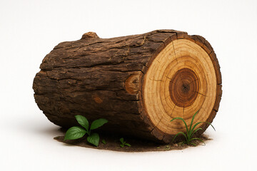 Wooden Log with Small Plants on Isolated White Background
