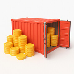 Shipping Container with Coins on Isolated White Background