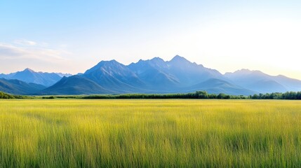 Obraz premium Serene mountain meadow landscape at dawn. Lush golden grasses stretch towards distant, hazy mountains under a pale blue sky