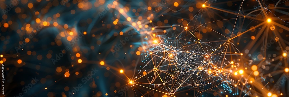 Aufkleber panoramic abstract technology background featuring a complex network of glowing orange/yellow nodes 