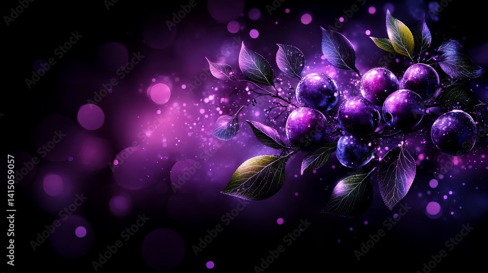 Aufkleber plums and leaves are clustered on a branch surrounded by floating bokeh and sparkling effects agains