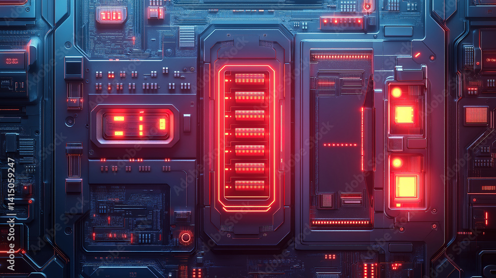 Poster cyber security concept with locks on a blue integrated circuit protecting private information from h