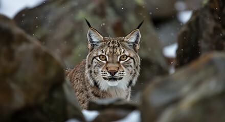 Obraz premium Lynx Staring Through Rocks in Winter Snow Environment