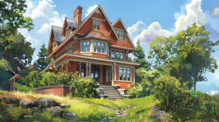 A picturesque vintage house surrounded by lush greenery and vibrant flowers under a bright blue sky