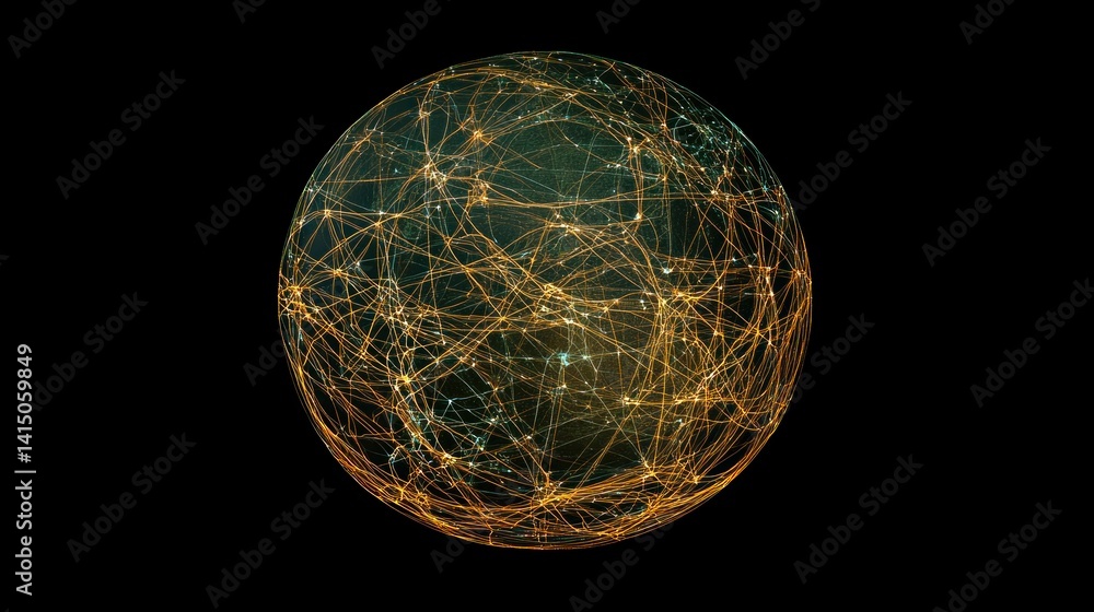Poster global interconnectedness visualized as a network sphere.