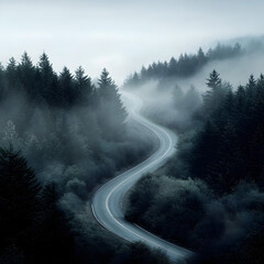 Foggy road journey winding path landscape art misty forest scenic view artistic vision
