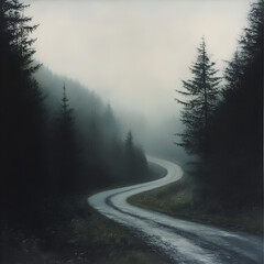 Mysterious journey through fog winding road landscape art misty environment serene view artistic vision