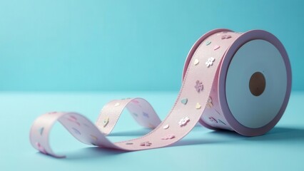 Pink ribbon roll with pastel embellishments, delicately unfurled on a light blue surface, showcasing its charming floral and heart-shaped decorations