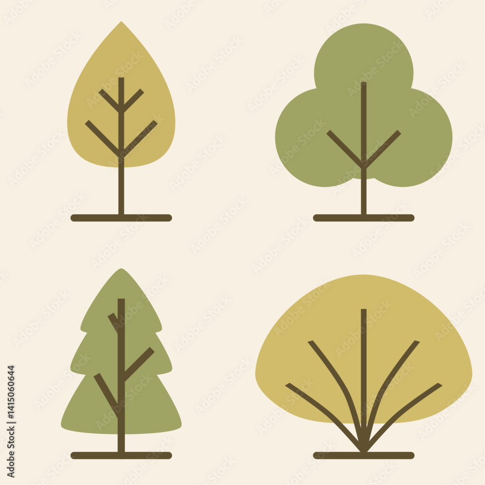Aufkleber minimalist tree icon collection in modern flat design with simple shapes