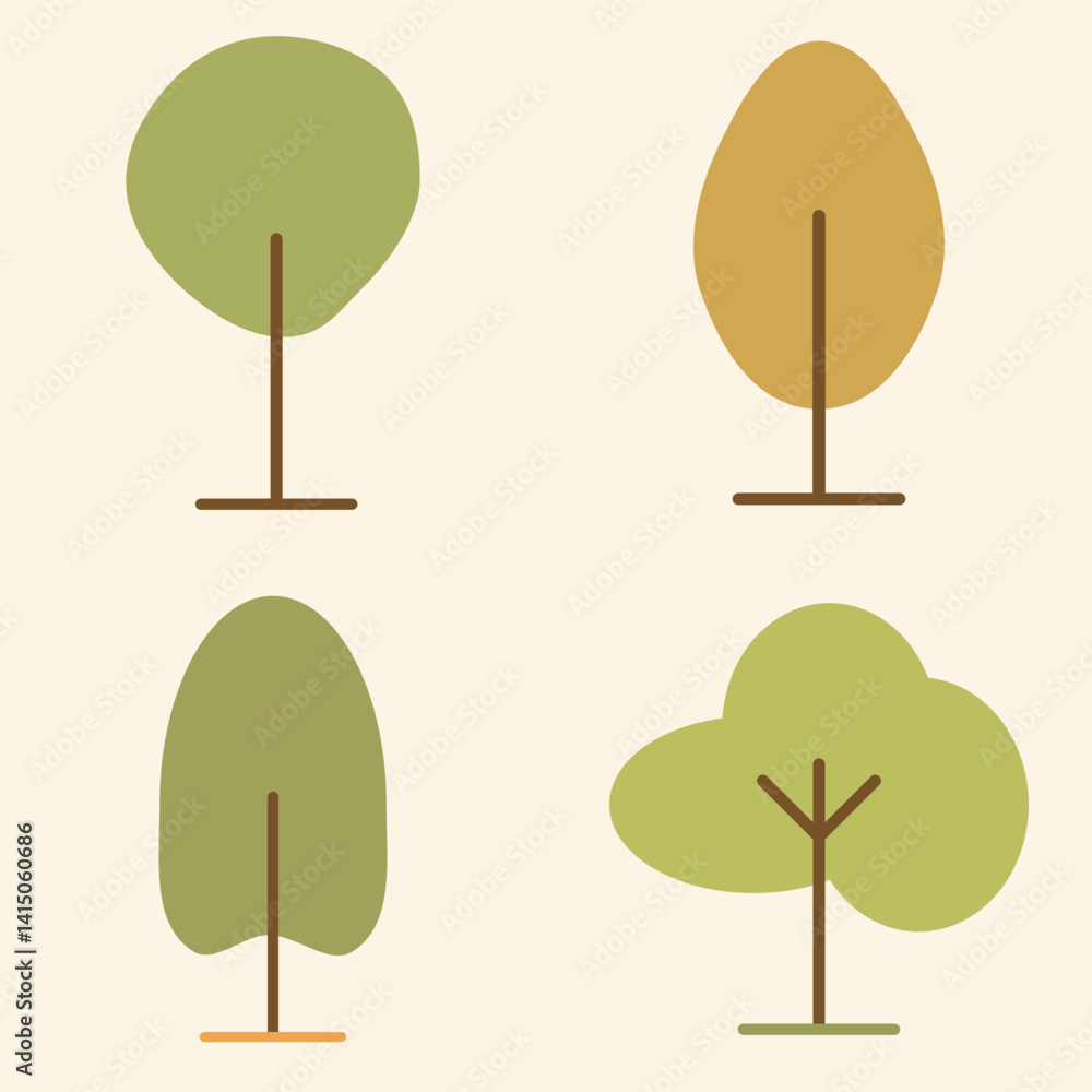 Poster modern vector tree icons with organic shapes and muted color palette