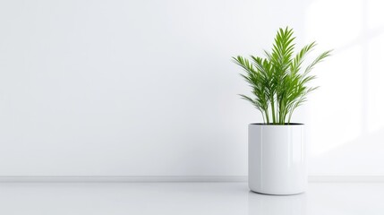 Fototapeta premium Minimalist interior design with a potted plant. A simple, clean room with a single potted plant, perfect for showcasing modern decor or furniture. 
