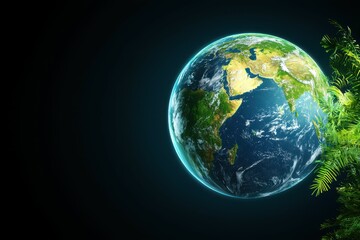 Fototapeta premium A vibrant view of Earth with lush greenery in the foreground, depicting harmony with nature.