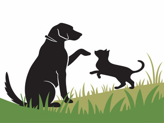 Dog and Cat Playing Silhouette in Grass – Pet Animal Vector Art