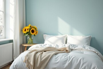 Serene bedroom with sunlight illuminating crisp white bedding and a vase of sunflowers on a bedside table