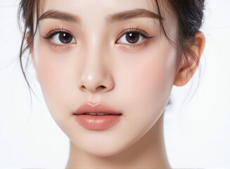 Fototapeta premium Close-up of a happy woman with glossy lips and soft pink blush showcasing perfect makeup in clean white background