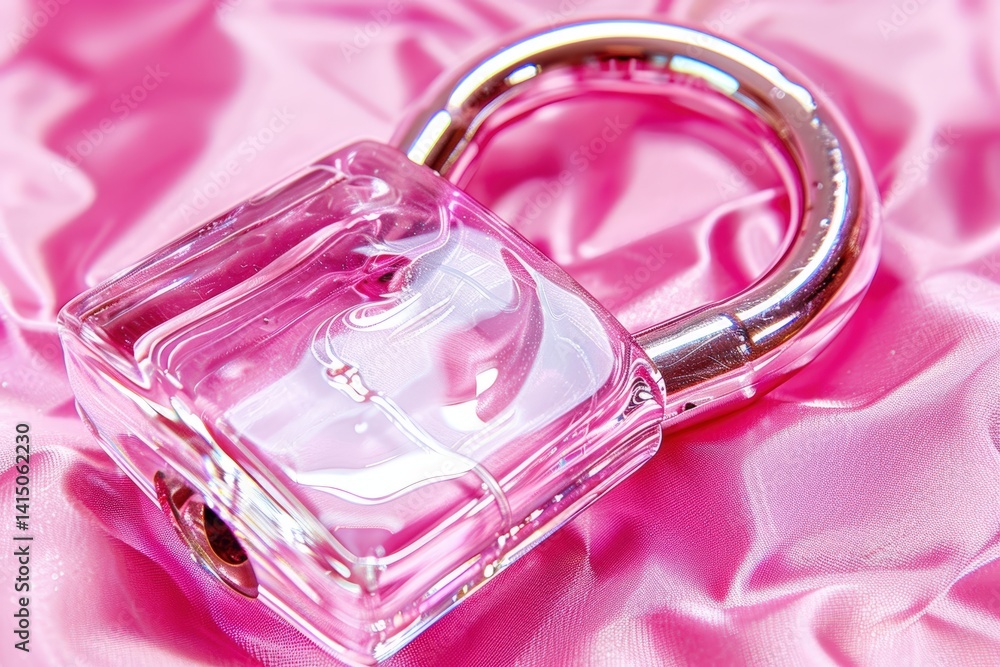 Poster a shiny, transparent pink padlock resting on soft pink fabric, adding a playful yet secure element t