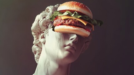 statue is humorously altered with a juicy cheeseburger replacing its eyes, blending fine art with fast food surrealism