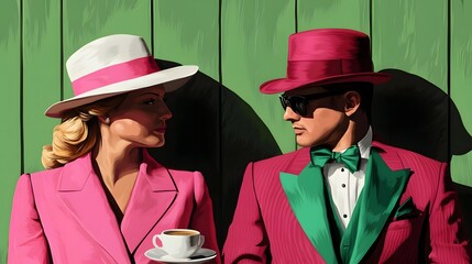 Formal attired couple conversing in elegant setting