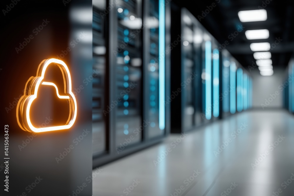 Poster a modern data center hallway featuring illuminated cloud symbol, emphasizing cloud computing technol