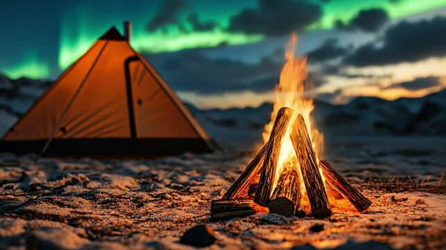 Campfire Under the Aurora: A mesmerizing view of a crackling campfire glowing under the vibrant green canvas of the Aurora Borealis, creating a magical scene in the wilderness.