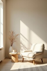 Sunlit Relaxation A Cozy Armchair, Side Table, and Dried Floral Arrangement in a Minimalist Interior