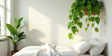 Serene Bedroom Sanctuary Sunlight Dapples White Bedding, Greenery Accents, and Tranquil Atmosphere