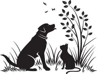 Dog and Cat Silhouette Under Tree Watching Birds