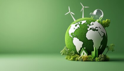 Eco-friendly globe with wind turbines and greenery symbolizing sustainability.