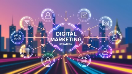 Obraz premium A dynamic illustration of digital marketing strategy against a cityscape background, showcasing interconnected icons and data flow.
