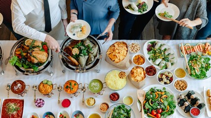 Buffet table with diverse dishes. People serving food. Variety of salads, and appetizers. Group enjoying buffet. Buffet spread with diverse options. People at international buffet, at restaurant.