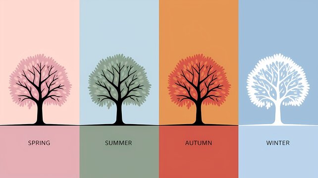 Four trees representing the four seasons, showing a visual representation of spring, summer, autumn, and winter. Each tree has a different color representing the different seasons.