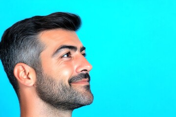 Obraz premium Visual idea of style for aging men. Chic men's mid fade haircut - midlife white man with black hair. Blue solid background. A gentle and elegant man with a warm presence.